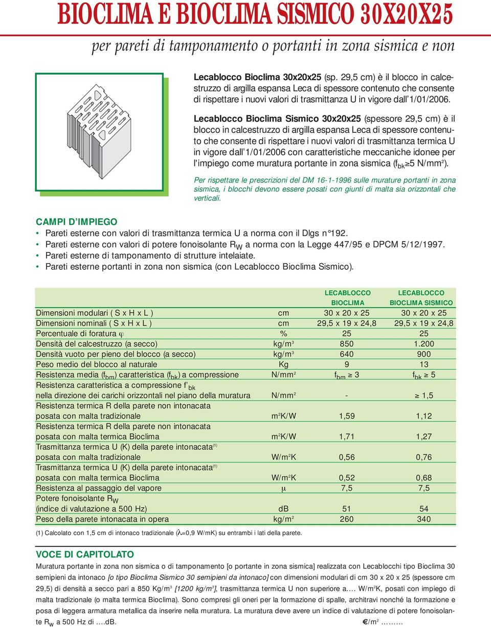 Lecablocco Bioclima Sismico 30x20x25 (spessore 29,5 cm) è il blocco in calcestruzzo di argilla espansa Leca di spessore contenuto che consente di rispettare i nuovi valori di trasmittanza termica U