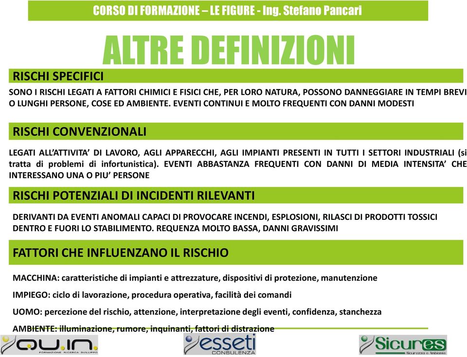 EVENTI CONTINUI E MOLTO FREQUENTI CON DANNI MODESTI RISCHI CONVENZIONALI LEGATI ALL ATTIVITA DI LAVORO, AGLI APPARECCHI, AGLI IMPIANTI PRESENTI IN TUTTI I SETTORI INDUSTRIALI (si tratta di problemi