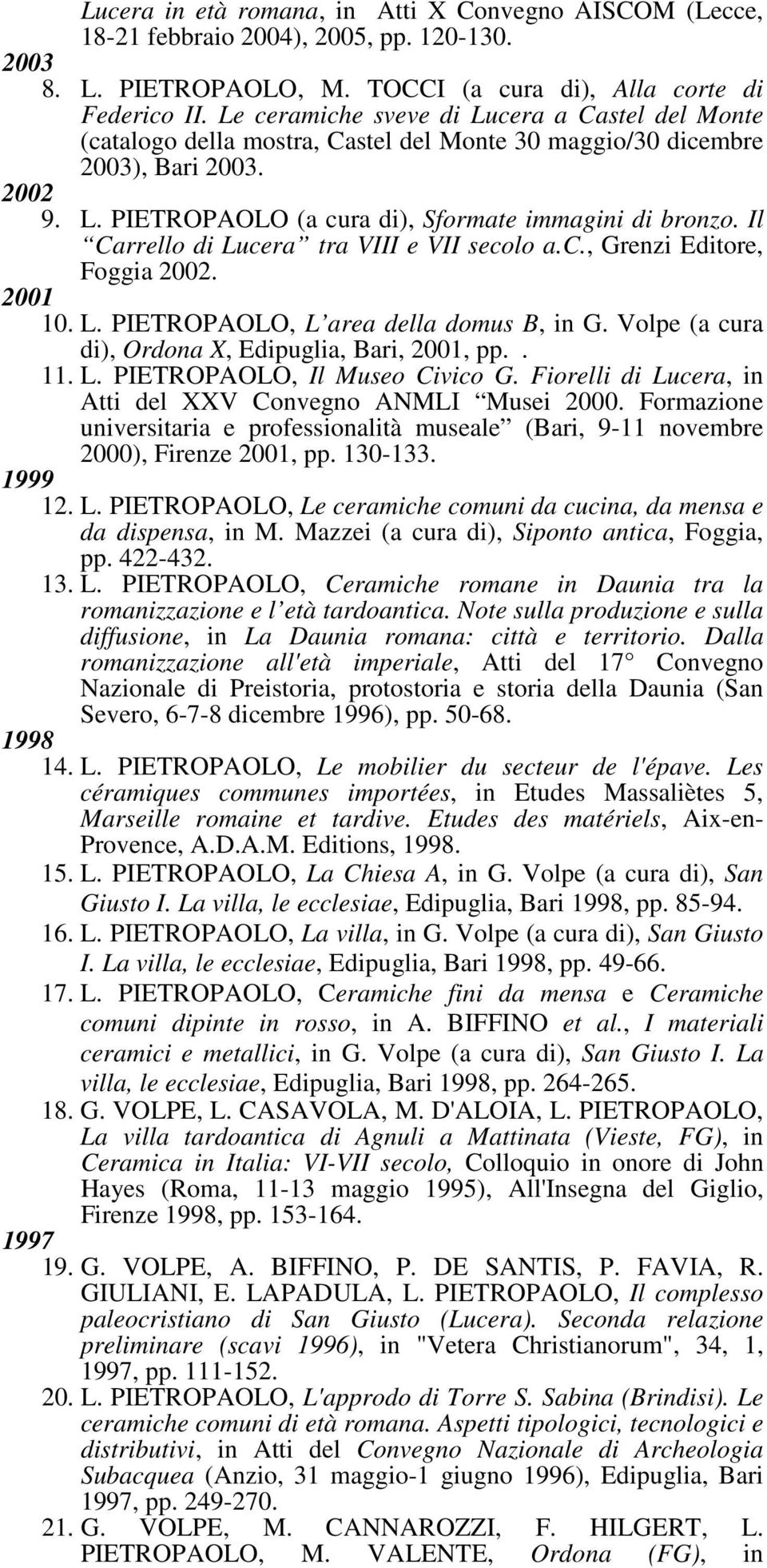 Il Carrello di Lucera tra VIII e VII secolo a.c., Grenzi Editore, Foggia 2002. 2001 10. L. PIETROPAOLO, L area della domus B, in G. Volpe (a cura di), Ordona X, Edipuglia, Bari, 2001, pp.. 11. L. PIETROPAOLO, Il Museo Civico G.