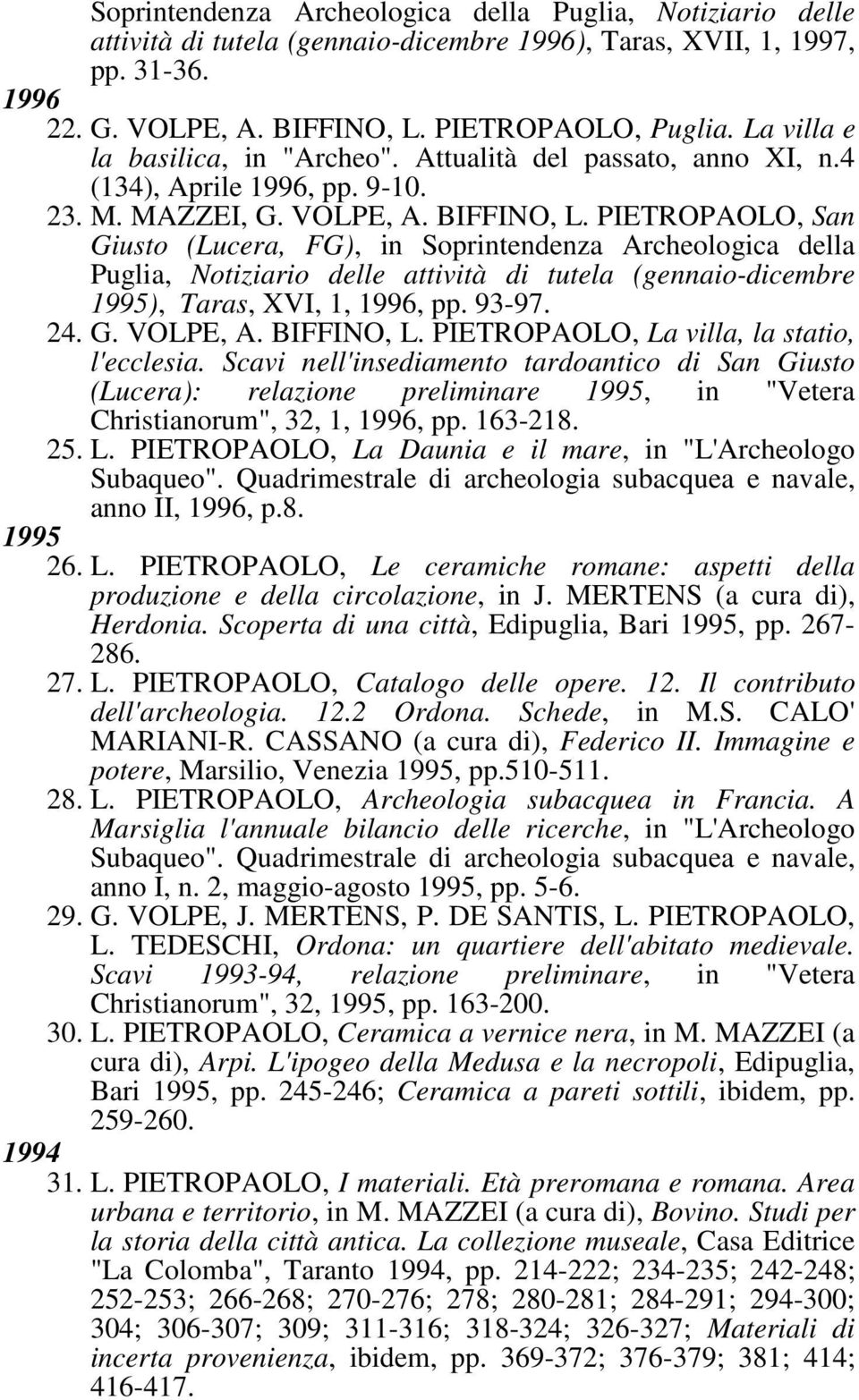 PIETROPAOLO, San Giusto (Lucera, FG), in Soprintendenza Archeologica della Puglia, Notiziario delle attività di tutela (gennaio-dicembre 1995), Taras, XVI, 1, 1996, pp. 93-97. 24. G. VOLPE, A.