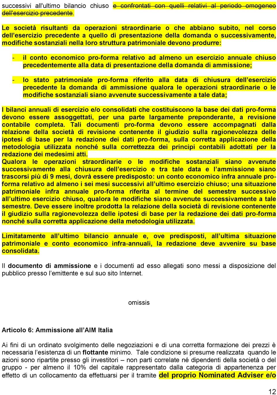 struttura patrimoniale devono produrre: - il conto economico pro-forma relativo ad almeno un esercizio annuale chiuso precedentemente alla data di presentazione della domanda di ammissione; - lo