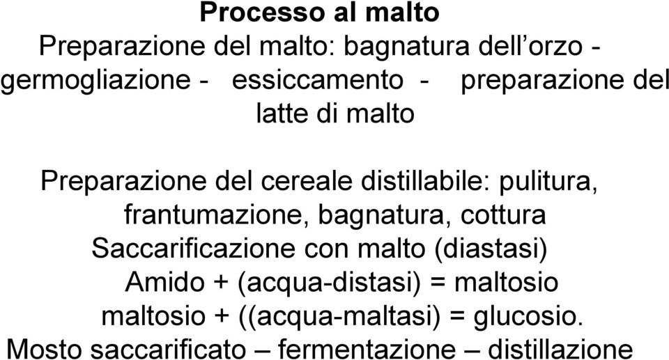pulitura, frantumazione, bagnatura, cottura Saccarificazione con malto (diastasi) Amido +