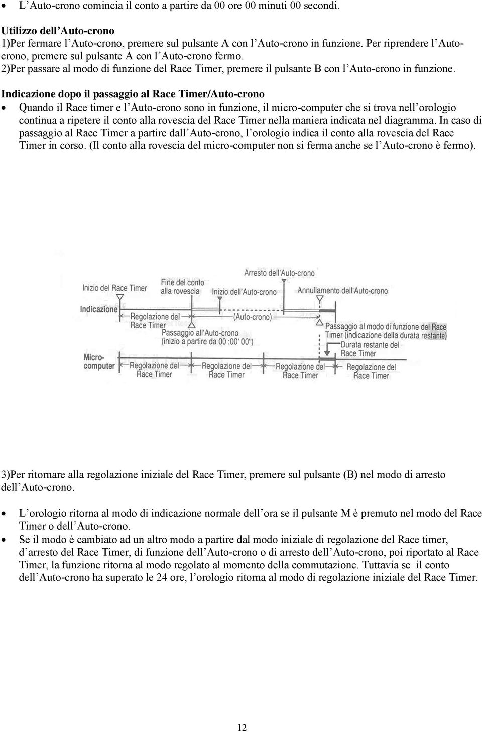 Indicazione dopo il passaggio al Race Timer/Auto-crono Quando il Race timer e l Auto-crono sono in funzione, il micro-computer che si trova nell orologio continua a ripetere il conto alla rovescia