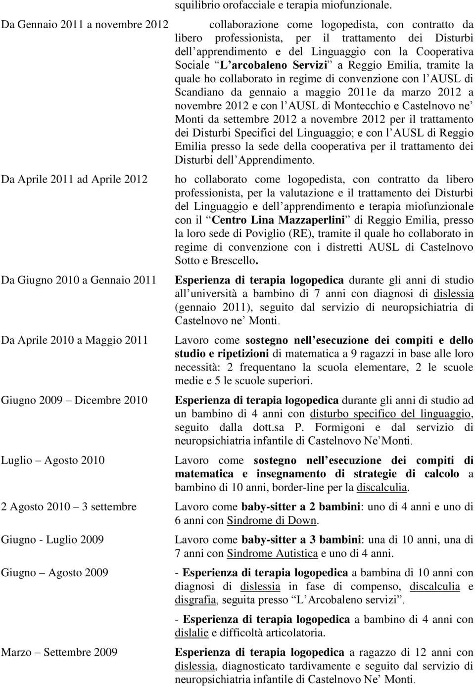 collaborazione come logopedista, con contratto da libero professionista, per il trattamento dei Disturbi dell apprendimento e del Linguaggio con la Cooperativa Sociale L arcobaleno Servizi a Reggio