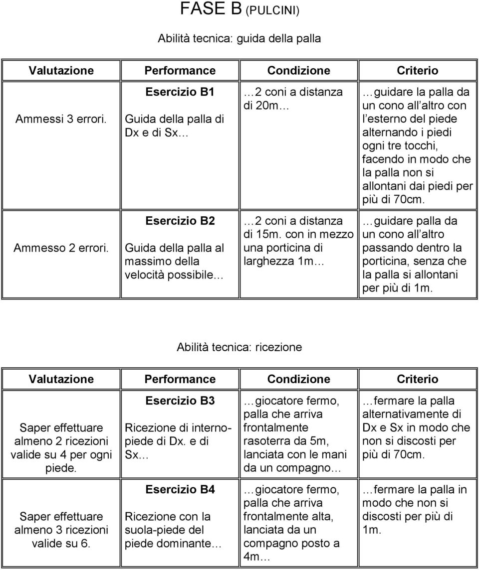 non si allontani dai piedi per più di 70cm. Ammesso 2 errori. Esercizio B2 Guida della palla al massimo della velocità possibile 2 coni a distanza di 15m.