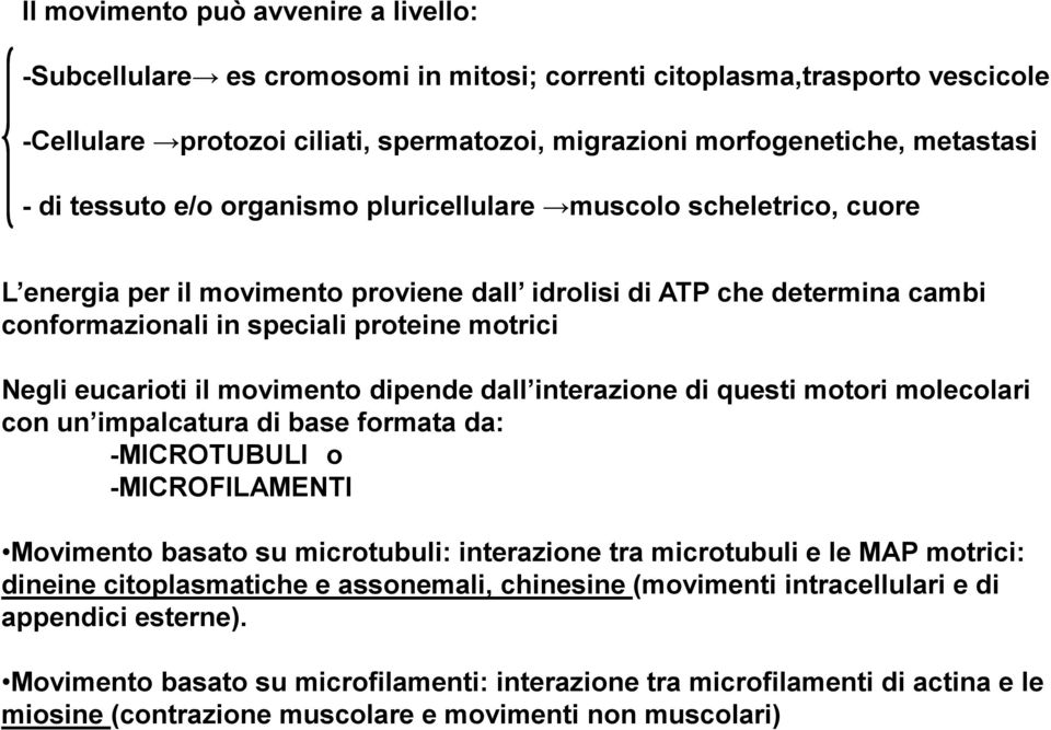 eucarioti il movimento dipende dall interazione di questi motori molecolari con un impalcatura di base formata da: -MICROTUBULI o -MICROFILAMENTI Movimento basato su microtubuli: interazione tra