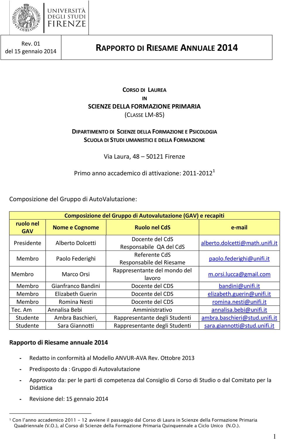 e-mail Presidente Alberto Dolcetti Docente del CdS Responsabile QA del CdS alberto.dolcetti@math.unifi.it Membro Paolo Federighi Referente CdS Responsabile del Riesame paolo.federighi@unifi.