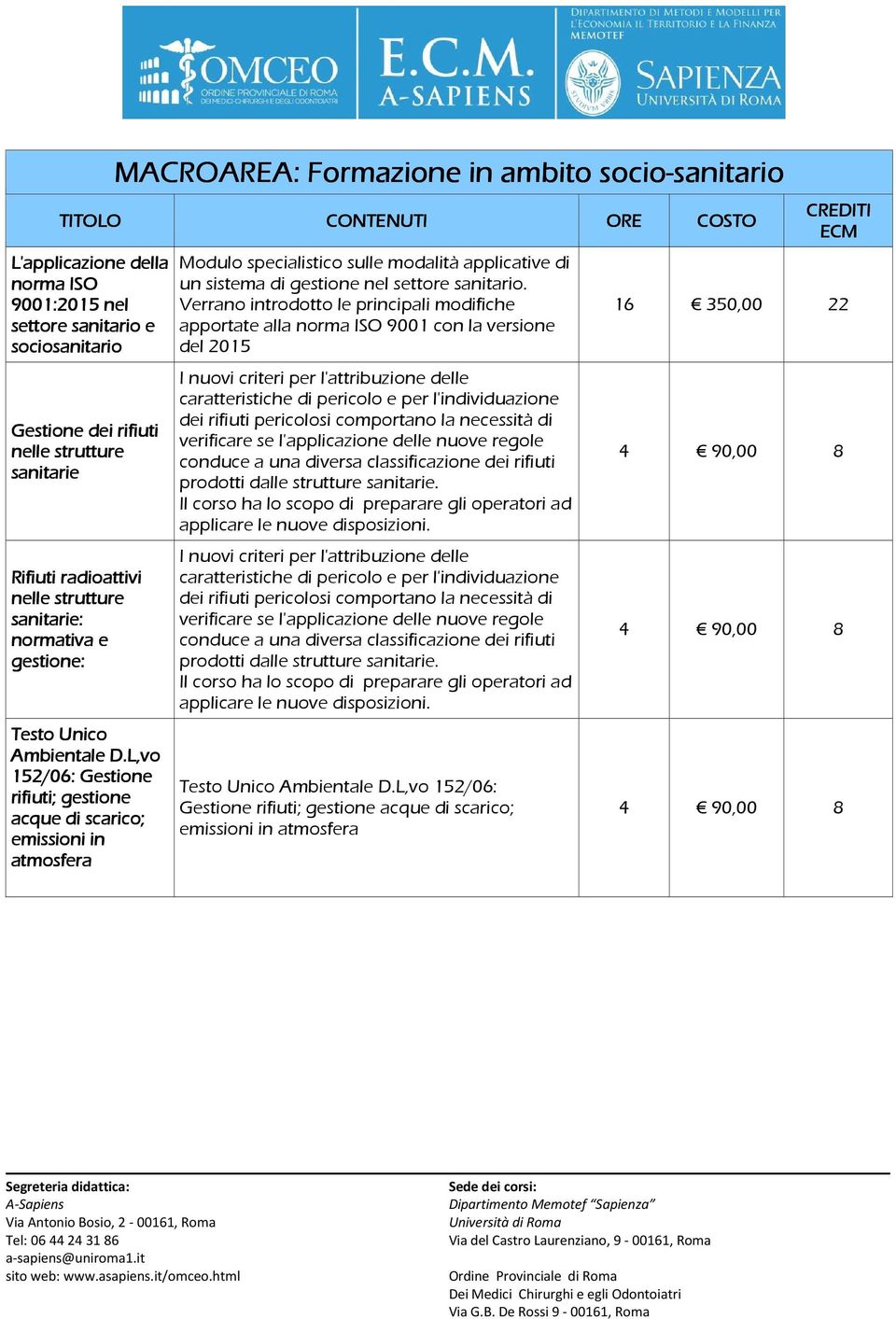 L,vo 152/06: Gestione rifiuti; gestione acque di scarico; emissioni in atmosfera MACROAREA: Formazione in ambito socio- CONTENUTI Modulo specialistico sulle modalità applicative di un sistema di