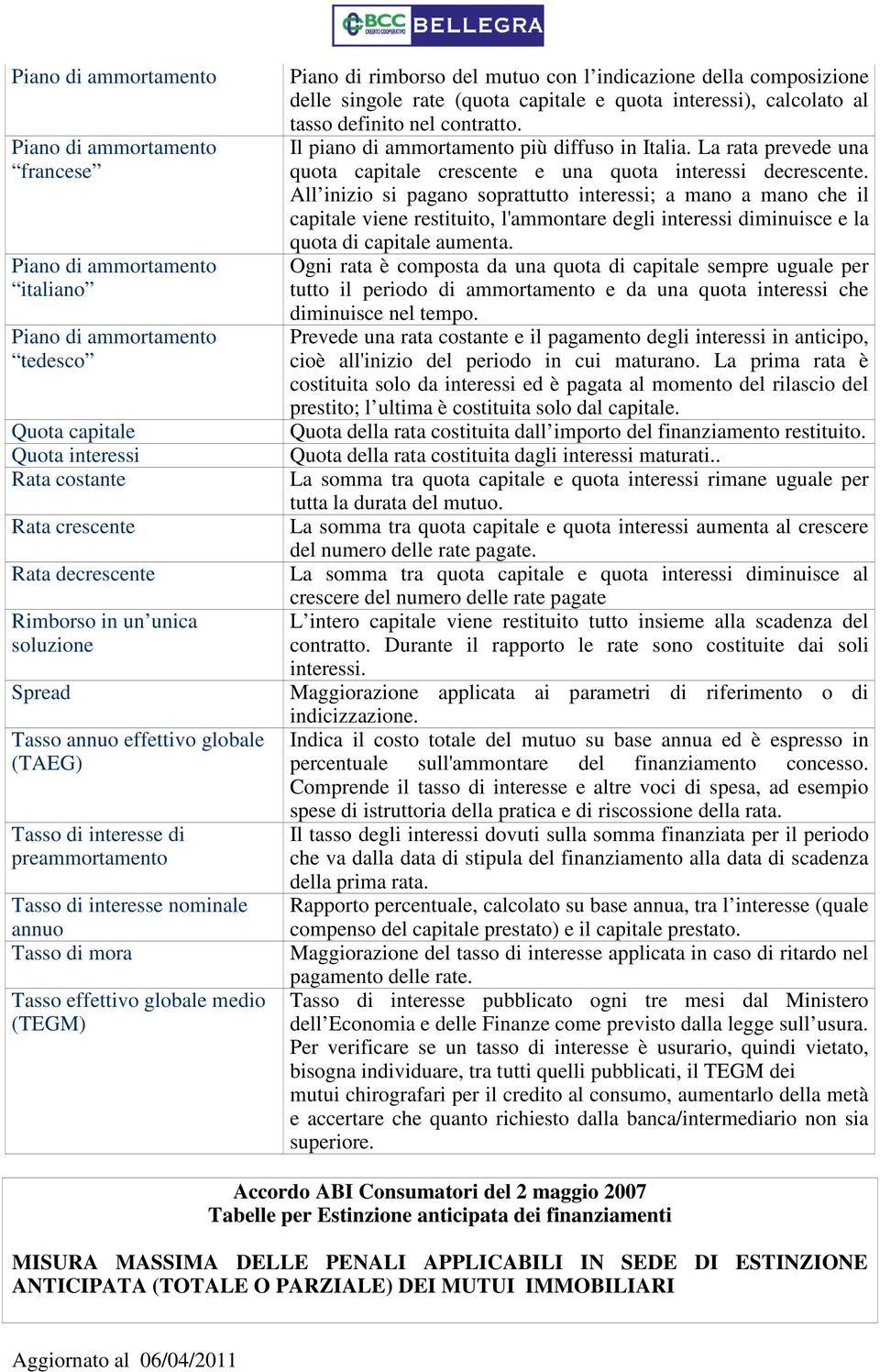 con l indicazione della composizione delle singole rate (quota capitale e quota interessi), calcolato al tasso definito nel contratto. Il piano di ammortamento più diffuso in Italia.