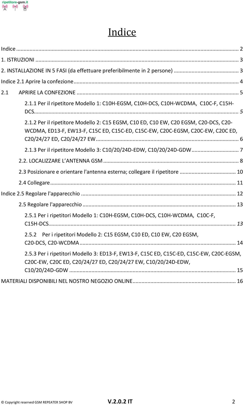 .. 6 2.1.3 Per il ripetitore Modello 3: C10/20/24D-EDW, C10/20/24D-GDW... 7 2.2. LOCALIZZARE L ANTENNA GSM... 8 2.3 Posizionare e orientare l'antenna esterna; collegare il ripetitore... 10 2.