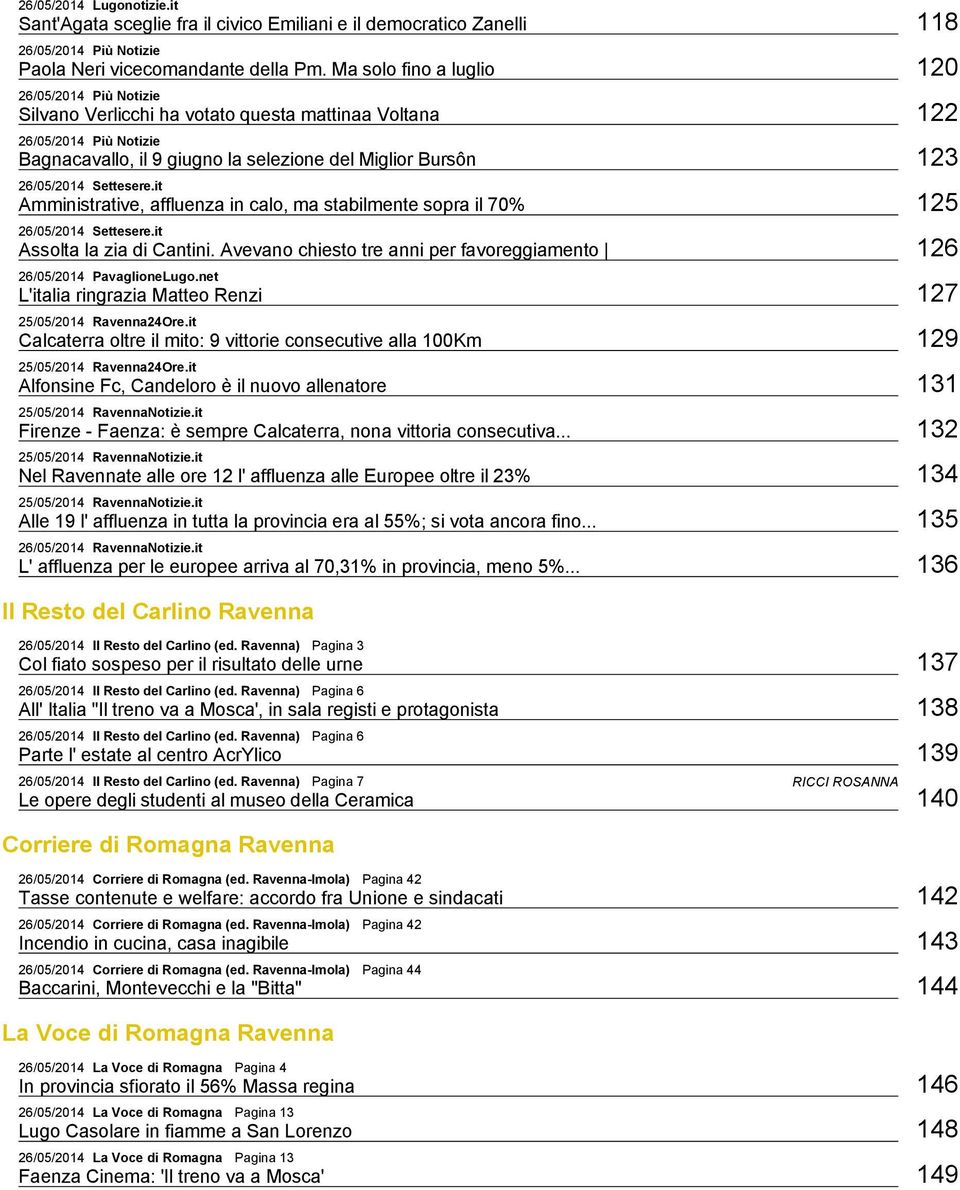 26/05/2014 Settesere.it Amministrative, affluenza in calo, ma stabilmente sopra il 70% 125 26/05/2014 Settesere.it Assolta la zia di Cantini.