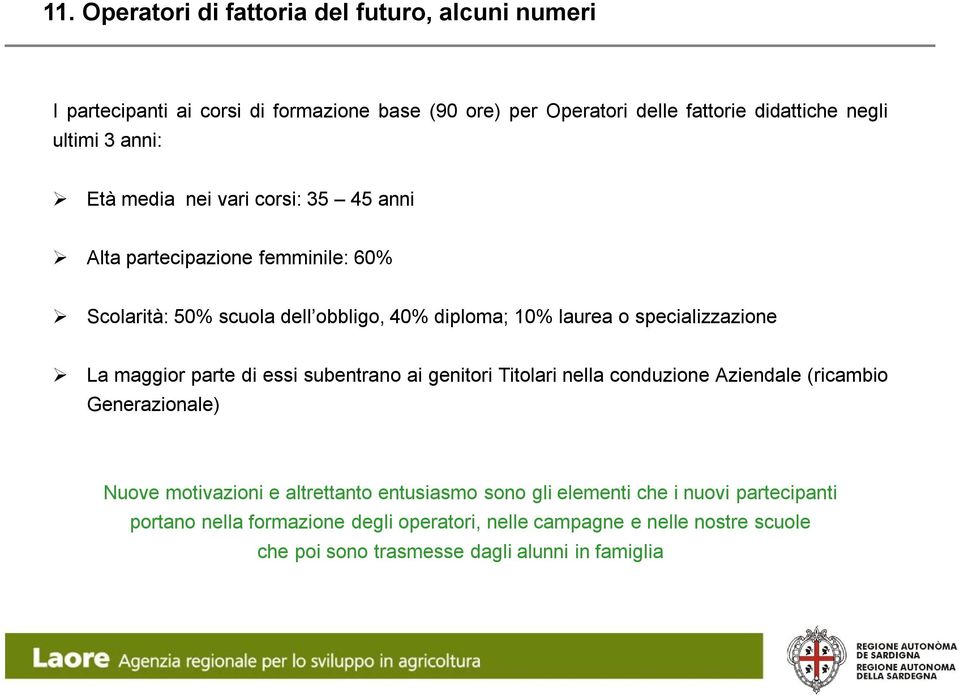 maggior parte di essi subentrano ai genitori Titolari nella conduzione Aziendale (ricambio Generazionale) Nuove motivazioni e altrettanto entusiasmo sono gli