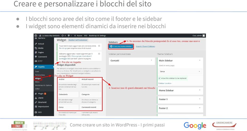 il footer e le sidebar I widget sono