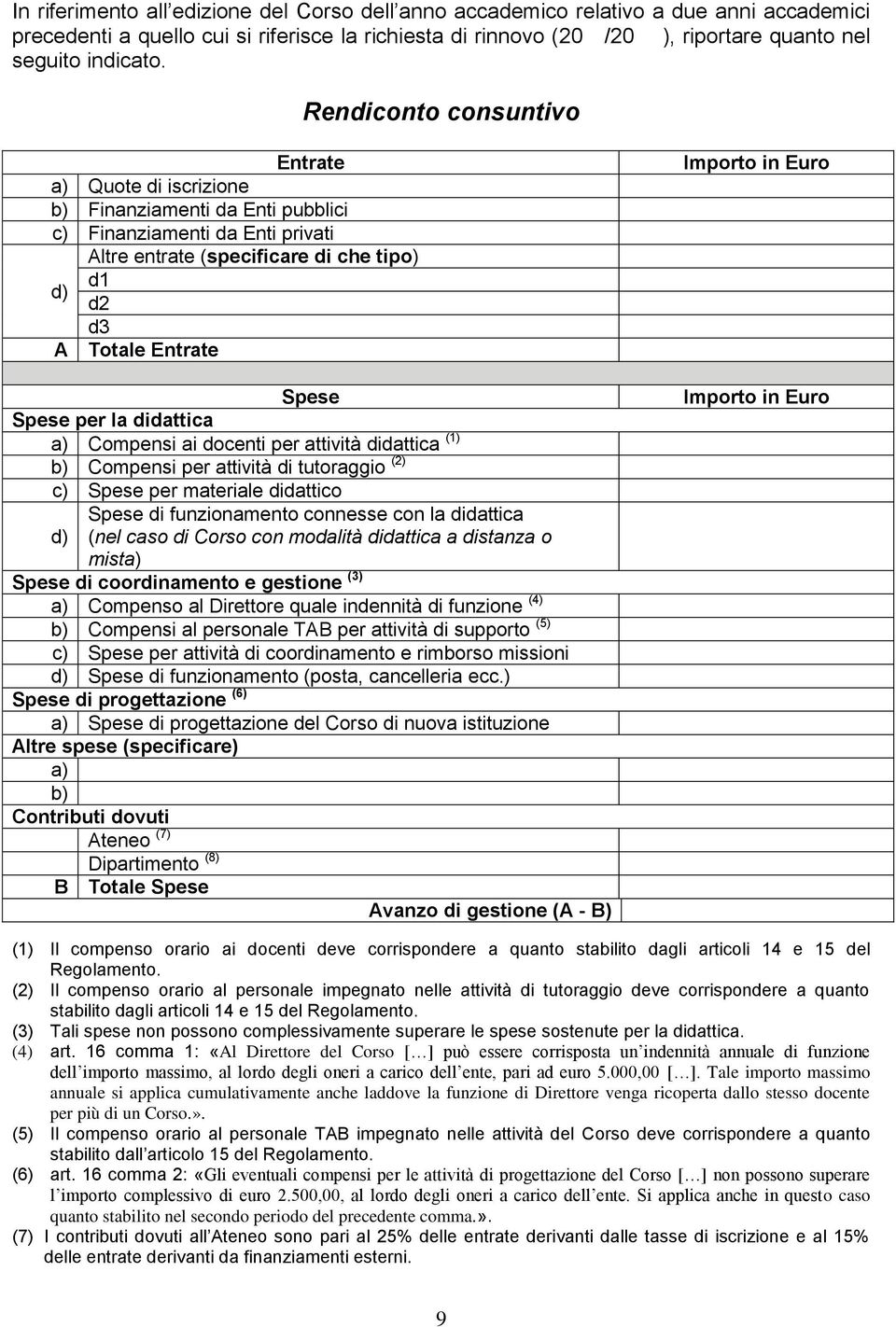 Spese per la didattica a) Compensi ai docenti per attività didattica (1) b) Compensi per attività di tutoraggio (2) c) Spese per materiale didattico Spese di funzionamento connesse con la didattica