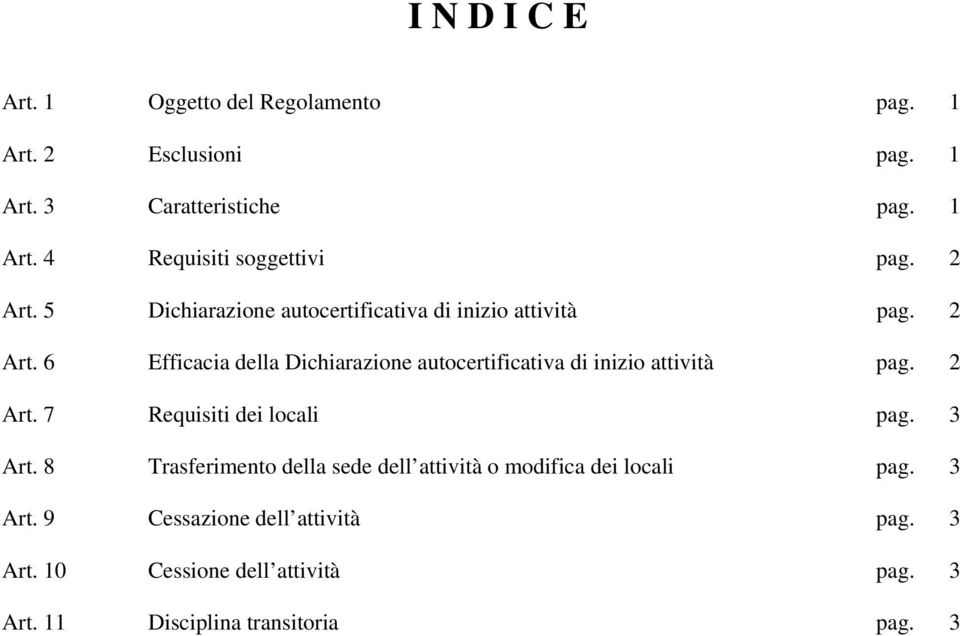 6 Efficacia della Dichiarazione autocertificativa di inizio attività pag. 2 Art. 7 Requisiti dei locali pag. 3 Art.