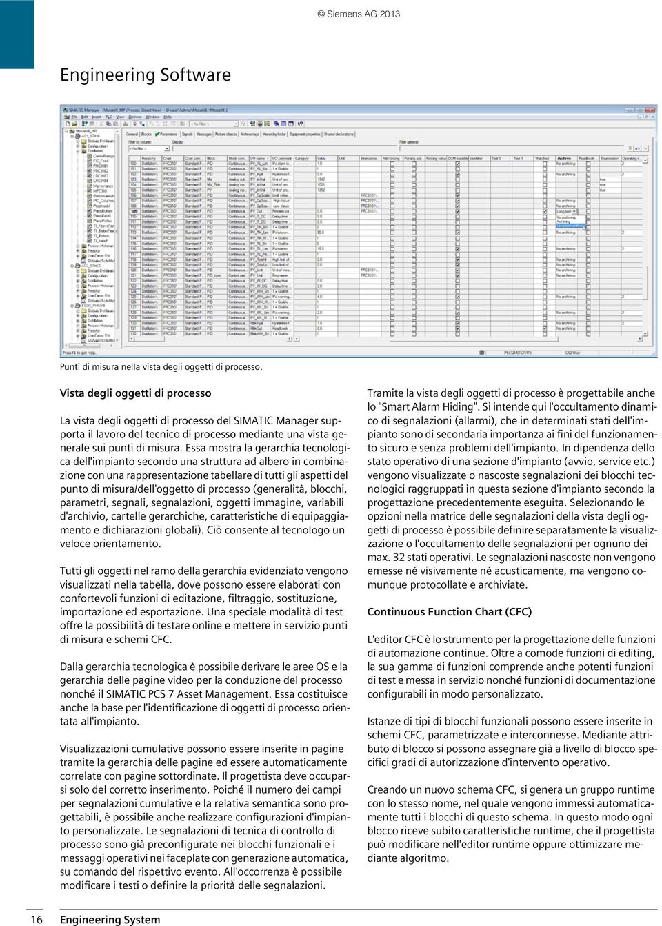 Essa mostra la gerarchia tecnologica dell'impianto secondo una struttura ad albero in combinazione con una rappresentazione tabellare di tutti gli aspetti del punto di misura/dell'oggetto di processo