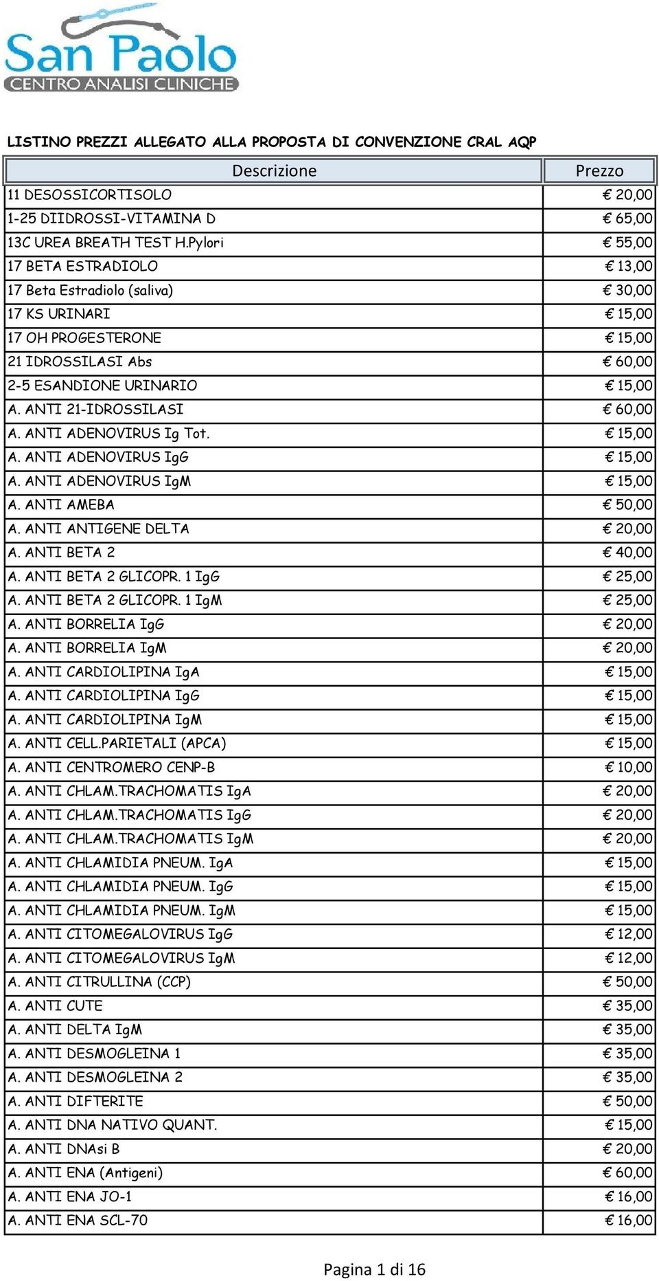 ANTI 21-IDROSSILASI 60,00 A. ANTI ADENOVIRUS Ig Tot. 15,00 A. ANTI ADENOVIRUS IgG 15,00 A. ANTI ADENOVIRUS IgM 15,00 A. ANTI AMEBA 50,00 A. ANTI ANTIGENE DELTA 20,00 A. ANTI BETA 2 40,00 A.