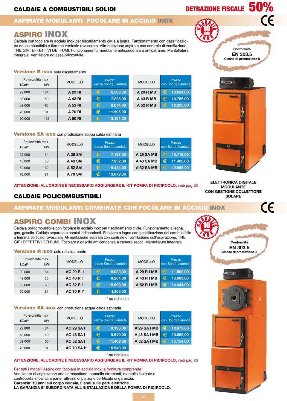 Funzionamento modulante anticondensa e anticatrame. Mantellatura integrale. Ventilatore ad asse orizzontale. Classe di prestazione 5 Versione R INOX solo riscaldamento 29.000 34 A 29 RI E 6.503,00 43.