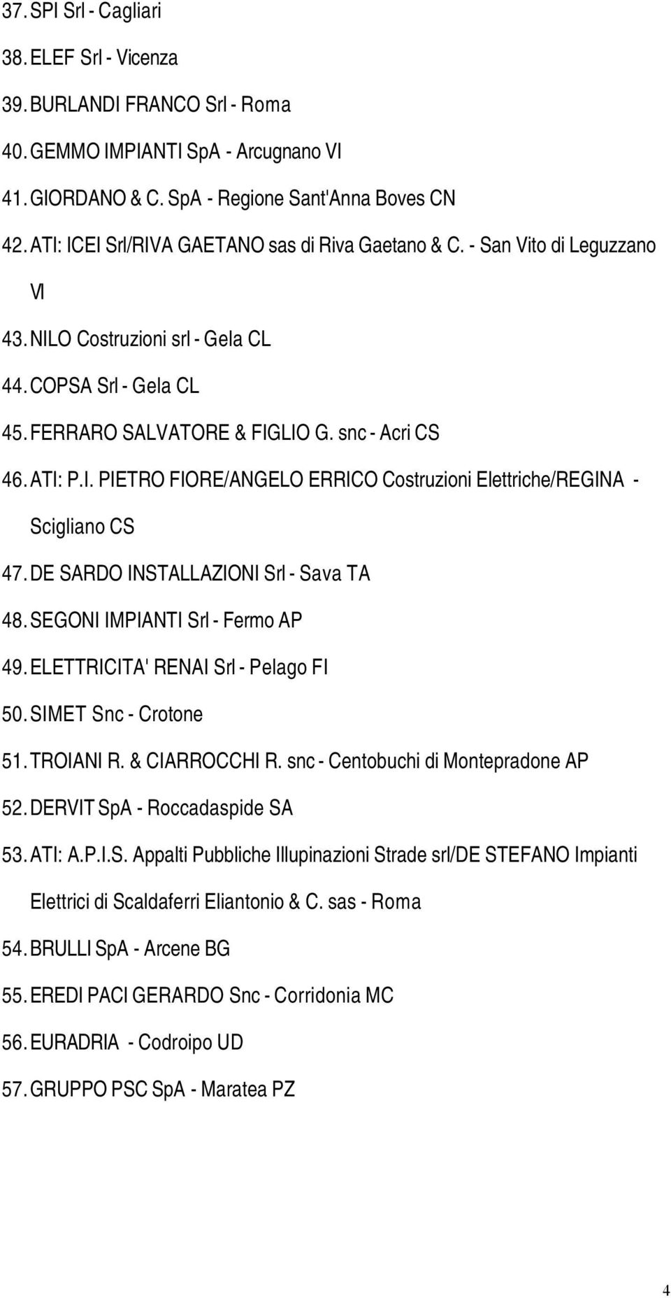 DE SARDO INSTALLAZIONI Srl - Sava TA 8. SEGONI IMPIANTI Srl - Fermo AP 9. ELETTRICITA' RENAI Srl - Pelago FI 0. SIMET Snc - Crotone. TROIANI R. & CIARROCCHI R. snc - Centobuchi di Montepradone AP 2.