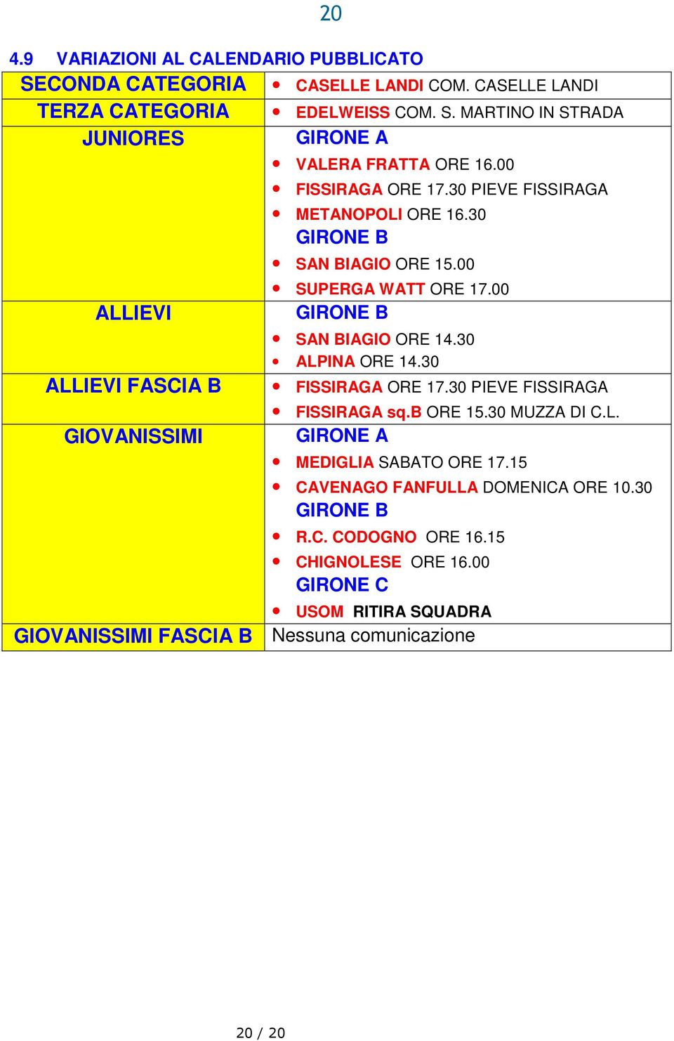 30 FISSIRAGA ORE 17.30 PIEVE FISSIRAGA FISSIRAGA sq.b ORE 15.30 MUZZA DI C.L. GIOVANISSIMI GIRONE A MEDIGLIA SABATO ORE 17.15 CAVENAGO FANFULLA DOMENICA ORE 10.