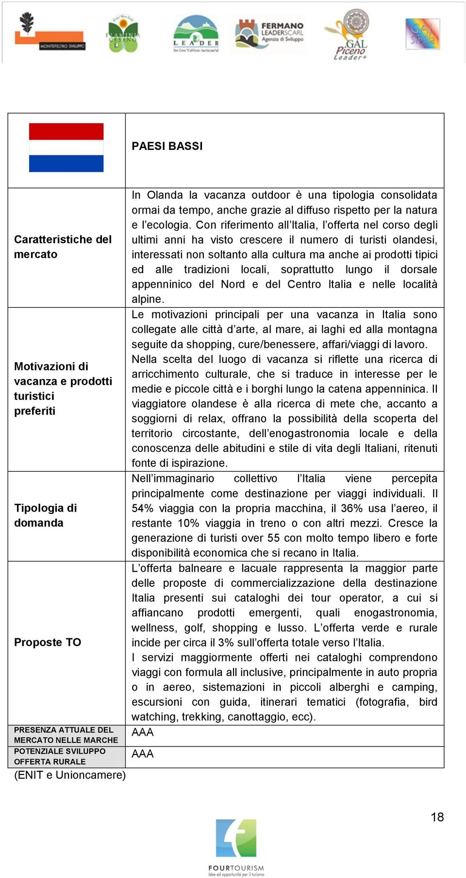 Con riferimento all Italia, l offerta nel corso degli ultimi anni ha visto crescere il numero di turisti olandesi, interessati non soltanto alla cultura ma anche ai prodotti tipici ed alle tradizioni