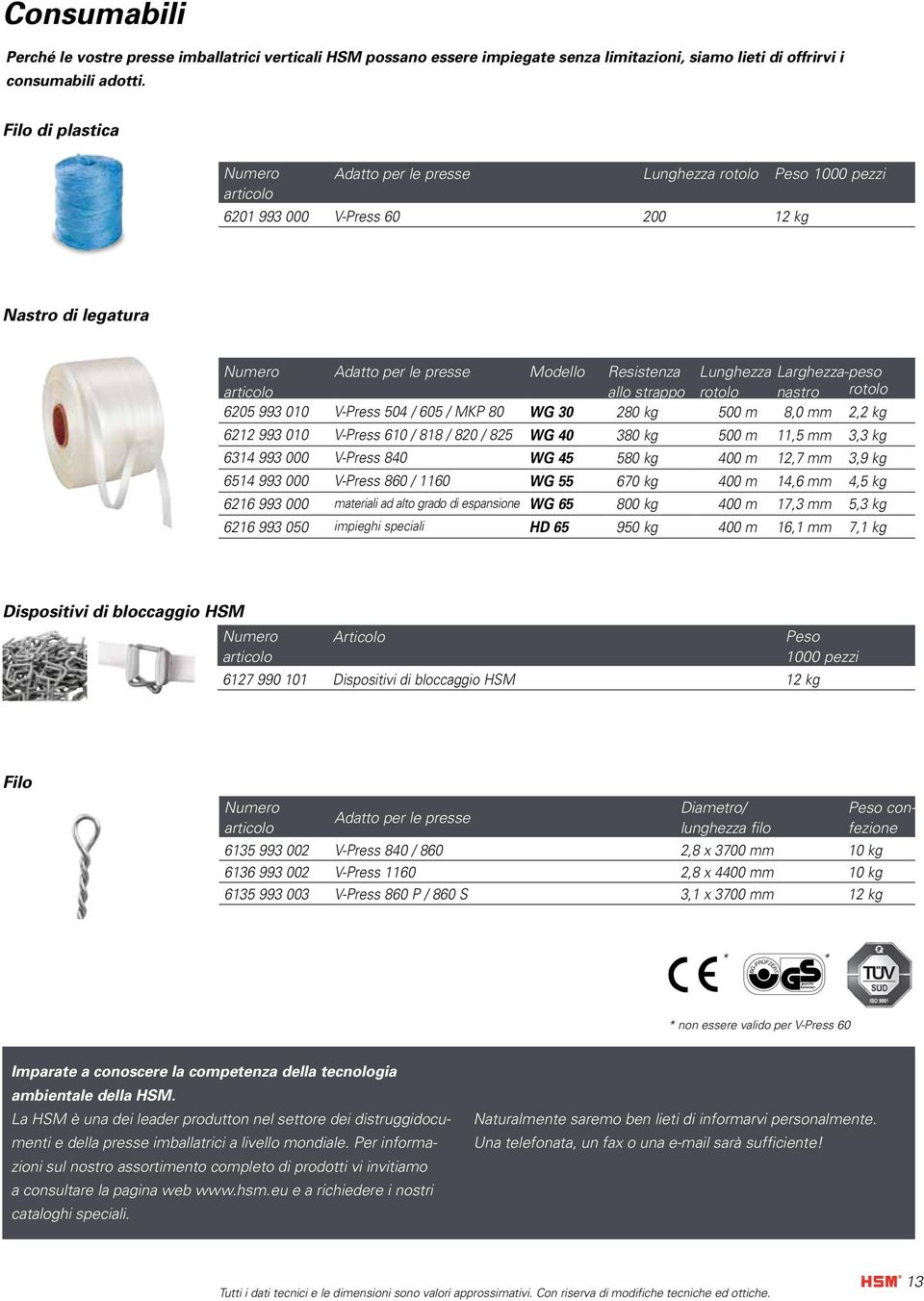 Larghezza-pesnastro articolo allo strappo rotolo rotolo 6205 993 010 V-Press 504 / 605 / MKP 80 WG 30 280 kg 500 m 8,0 mm 2,2 kg 6212 993 010 V-Press 610 / 818 / 820 / 825 WG 40 380 kg 500 m 11,5 mm