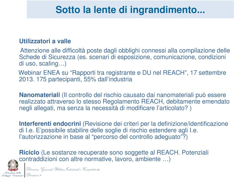 175 partecipanti, 55% dall industria Nanomateriali (Il controllo del rischio causato dai nanomateriali può essere realizzato attraverso lo stesso Regolamento REACH, debitamente emendato negli