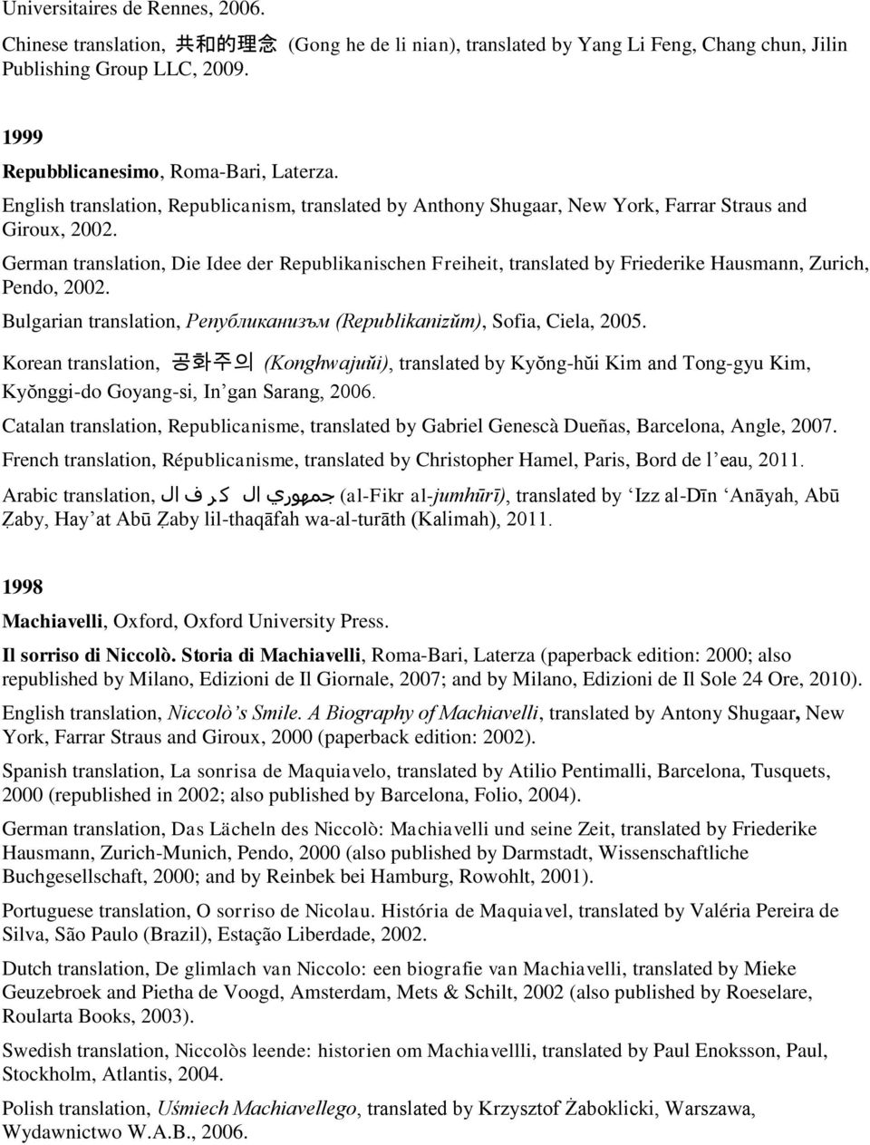 German translation, Die Idee der Republikanischen Freiheit, translated by Friederike Hausmann, Zurich, Pendo, 2002. Bulgarian translation, Републиканизъм (Republikanizŭm), Sofia, Ciela, 2005.