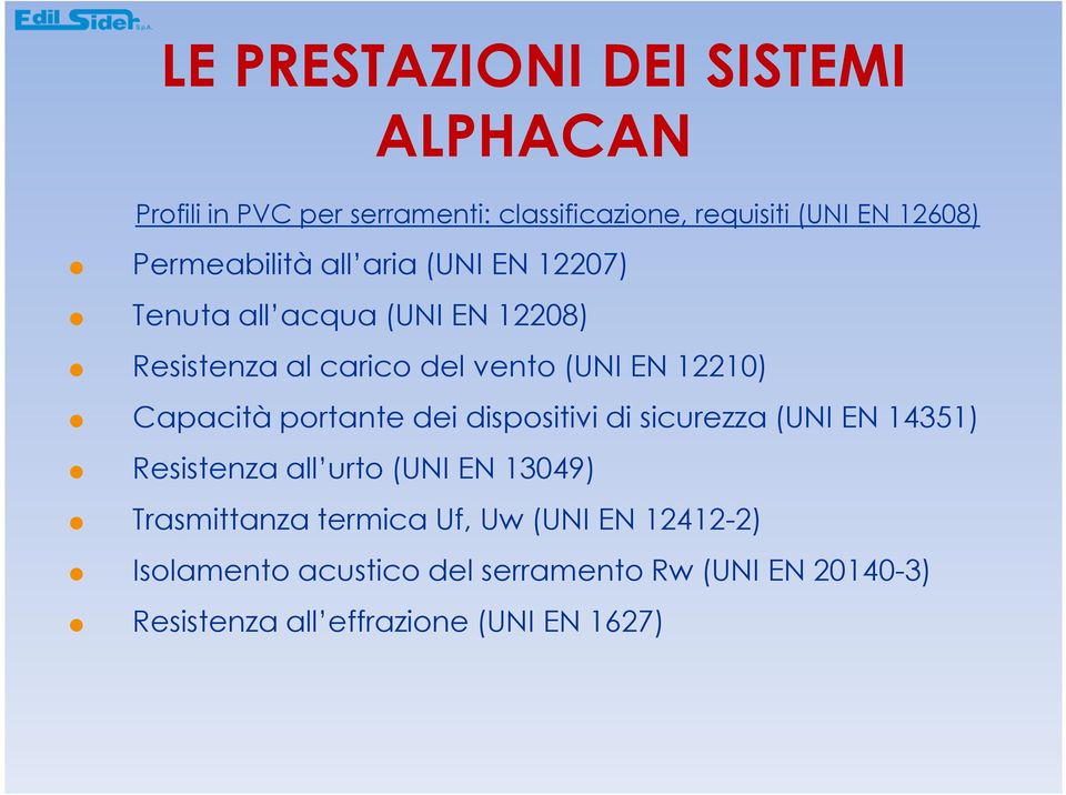 Capacità portante dei dispositivi di sicurezza (UNI EN 14351) Resistenza all urto (UNI EN 13049) Trasmittanza