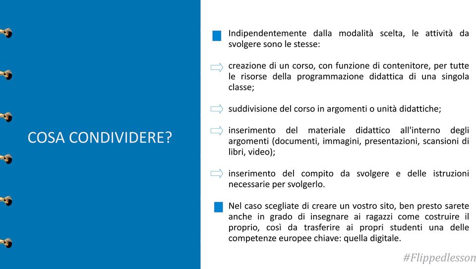 inserimento del materiale didattico all'interno degli argomenti (documenti, immagini, presentazioni, scansioni di libri, video); inserimento del compito da svolgere e delle istruzioni