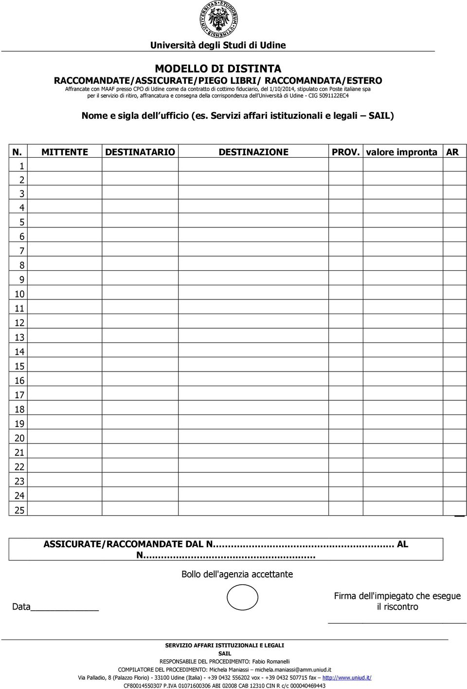 5091122EC4 Nome e sigla dell ufficio (es. Servizi affari istituzionali e legali ) N. MITTENTE DESTINATARIO DESTINAZIONE PROV.