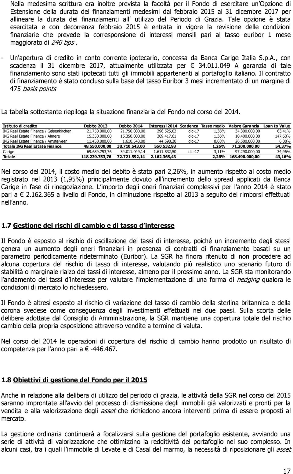 Tale opzione è stata esercitata e con decorrenza febbraio 2015 è entrata in vigore la revisione delle condizioni finanziarie che prevede la corresponsione di interessi mensili pari al tasso euribor 1