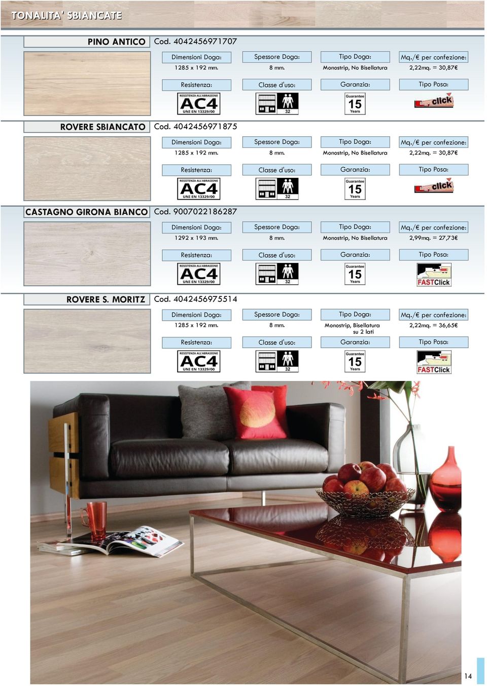 Monostrip, No Bisellatura 2,22mq. = 30,87 CASTAGNO GIRONA BIANCO Cod. 9007022186287 1292 x 193 mm. 8 mm.