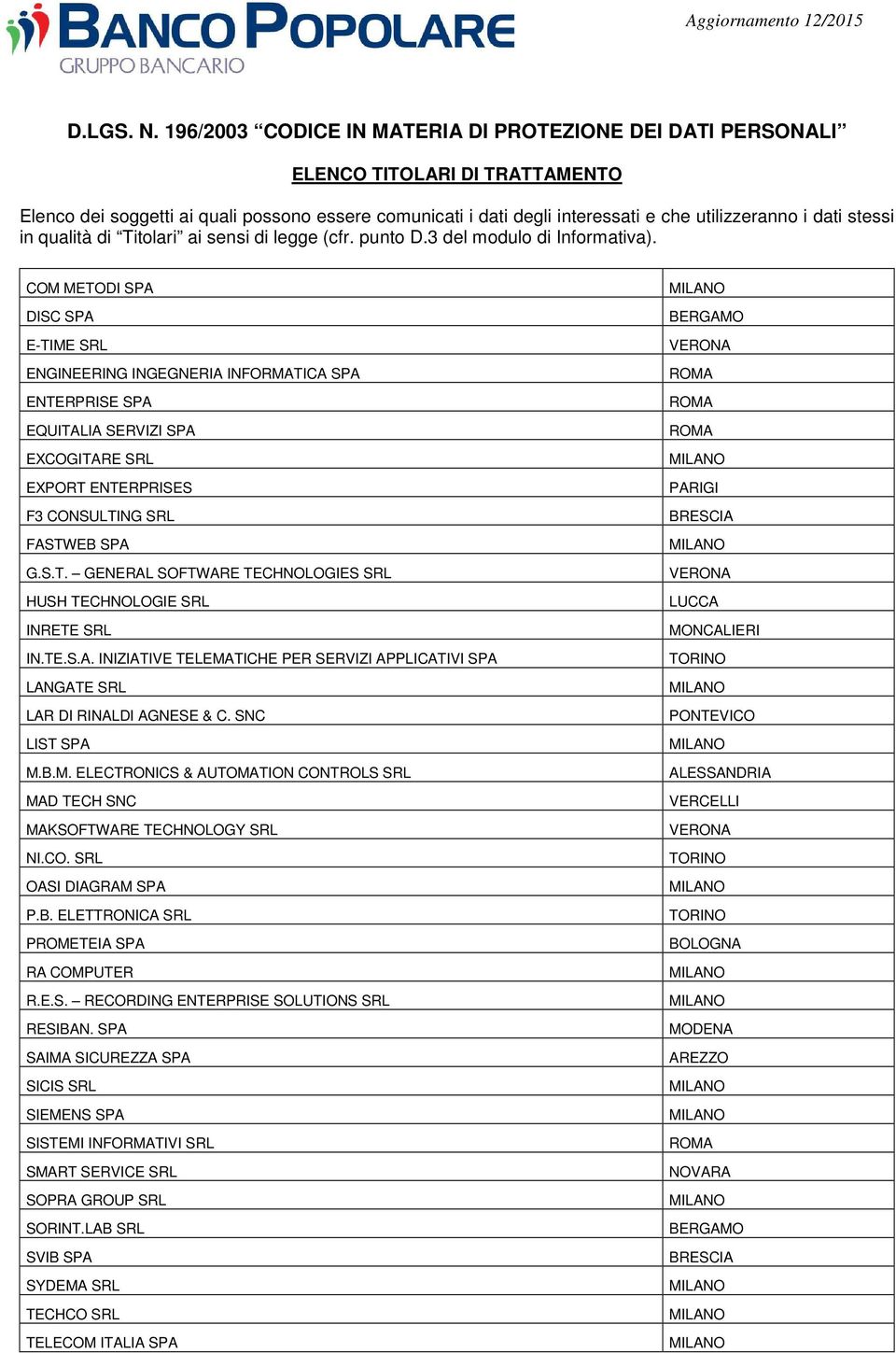 CO. SRL OASI DIAGRAM SPA P.B. ELETTRONICA SRL PROMETEIA SPA RA COMPUTER R.E.S. RECORDING ENTERPRISE SOLUTIONS SRL RESIBAN.