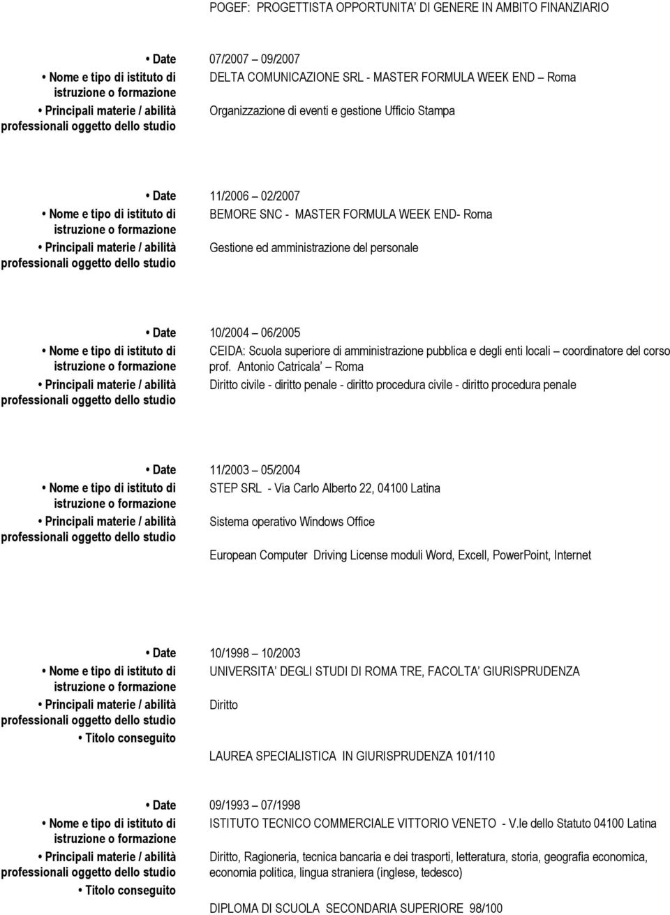 del personale Date 10/2004 06/2005 Nome e tipo di istituto di CEIDA: Scuola superiore di amministrazione pubblica e degli enti locali coordinatore del corso prof.