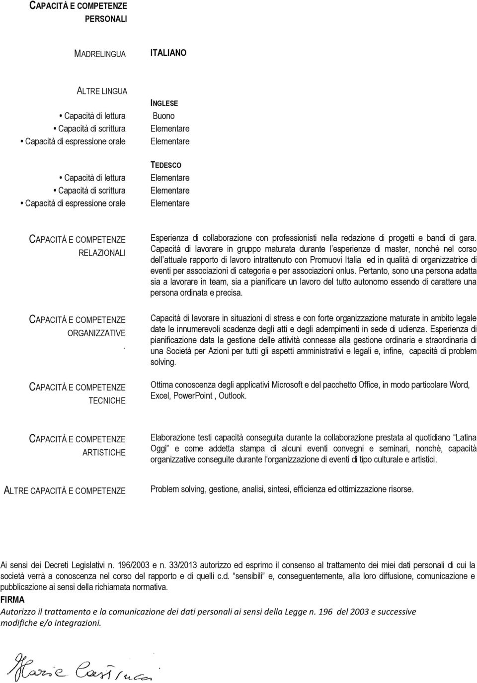 Capacità di lavorare in gruppo maturata durante l esperienze di master, nonché nel corso dell attuale rapporto di intrattenuto con Promuovi Italia ed in qualità di organizzatrice di eventi per