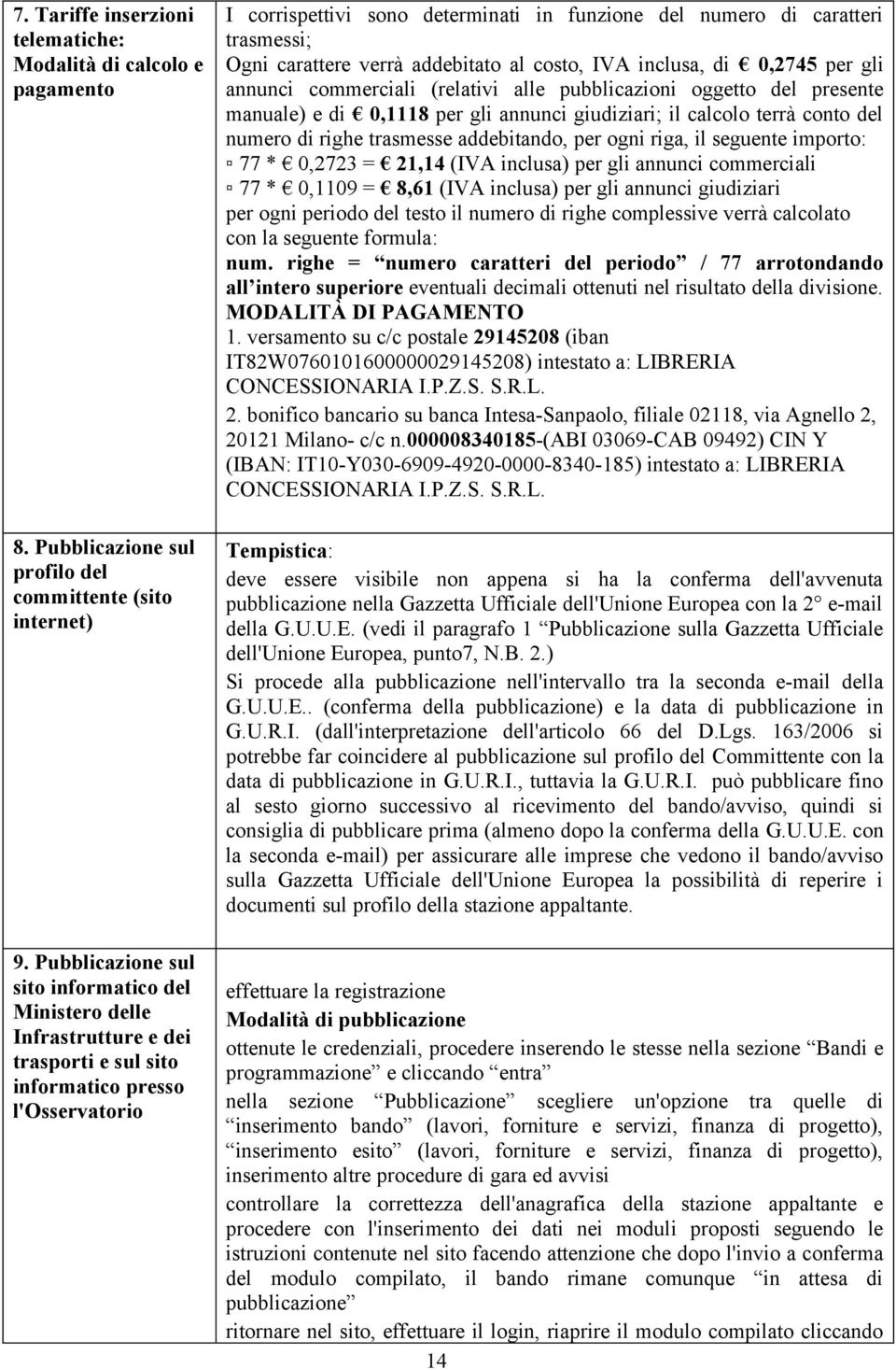 trasmessi; Ogni carattere verrà addebitato al costo, IVA inclusa, di 0,2745 per gli annunci commerciali (relativi alle pubblicazioni oggetto del presente manuale) e di 0,1118 per gli annunci