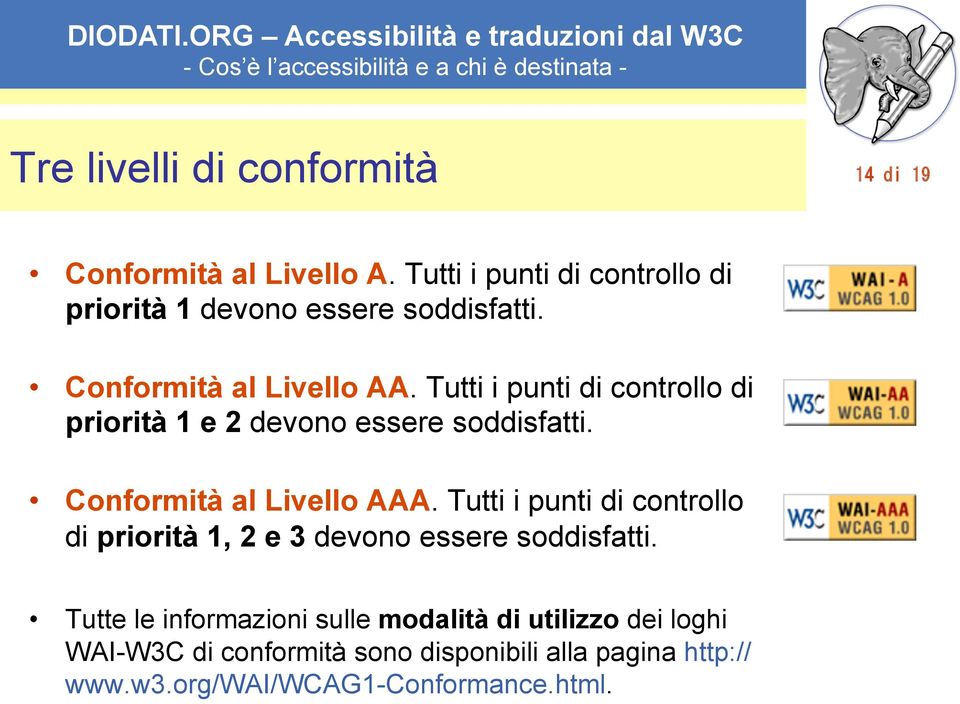 Tutti i punti di controllo di priorità 1 e 2 devono essere soddisfatti. Conformità al Livello AAA.