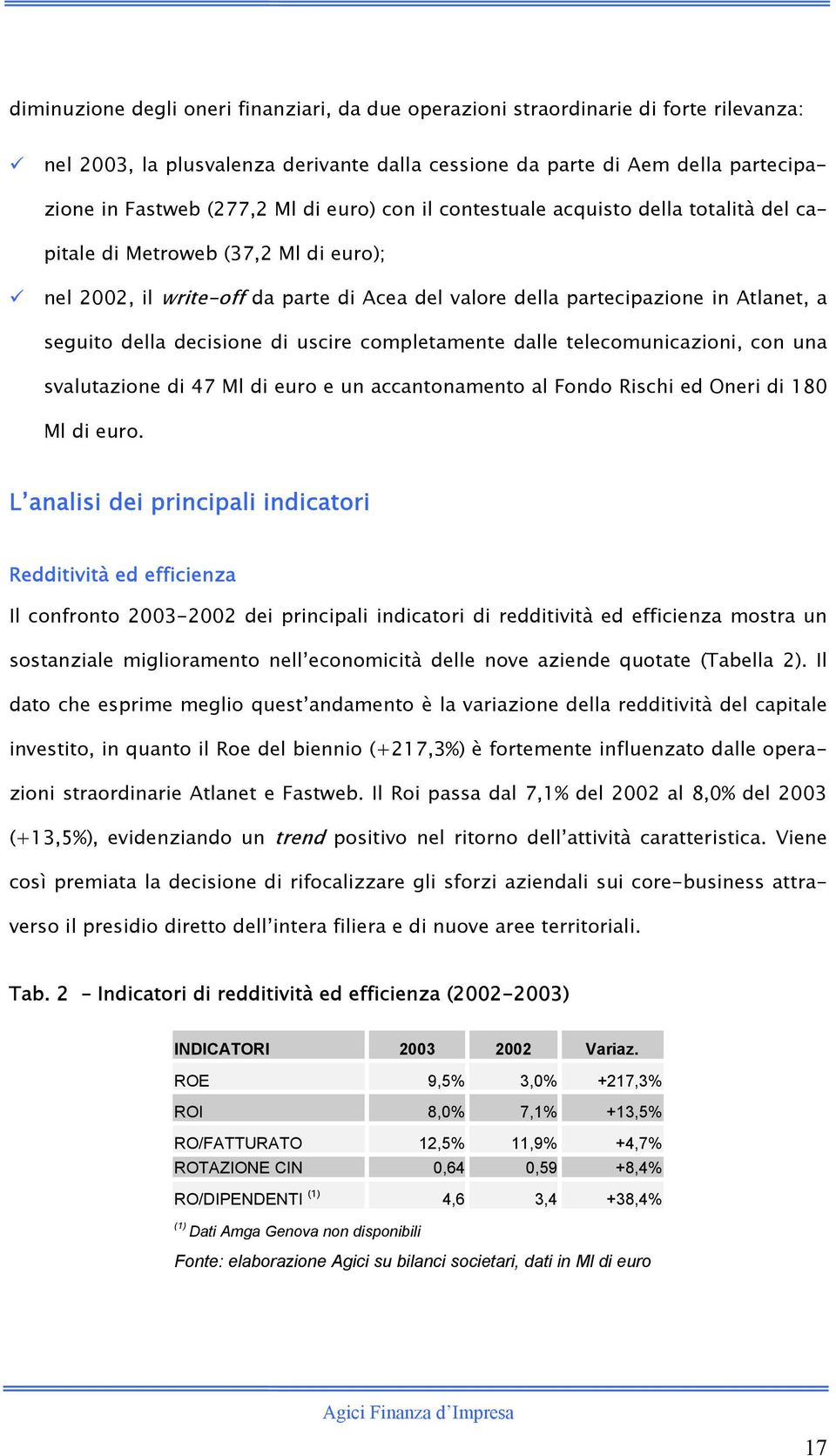 decisione di uscire completamente dalle telecomunicazioni, con una svalutazione di 47 Ml di euro e un accantonamento al Fondo Rischi ed Oneri di 180 Ml di euro.