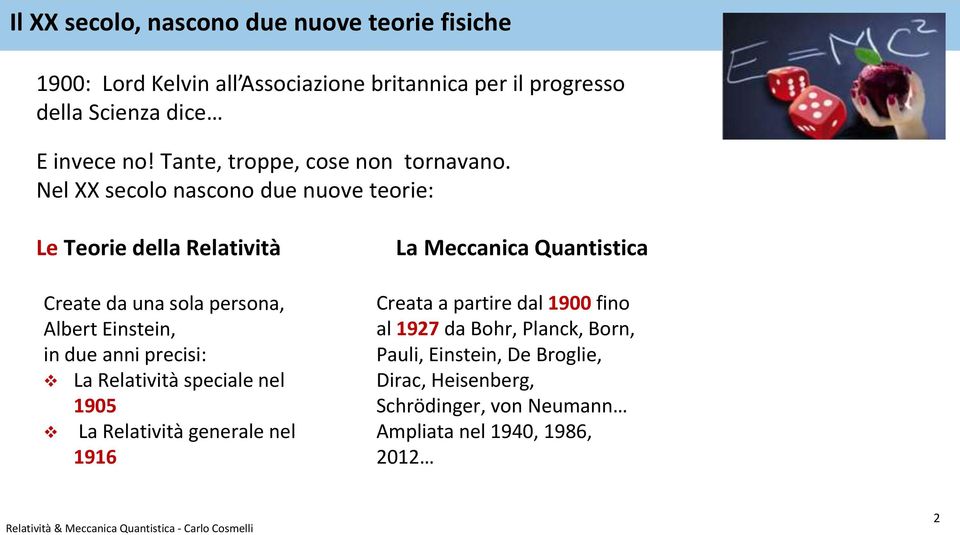 Nel XX secolo nascono due nuove teorie: Le Teorie della Relatività Create da una sola persona, Albert Einstein, in due anni precisi: La