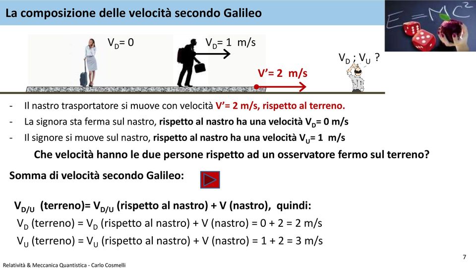 - La signora sta ferma sul nastro, rispetto al nastro ha una velocità V D = 0 m/s - Il signore si muove sul nastro, rispetto al nastro ha una velocità V U = 1 m/s