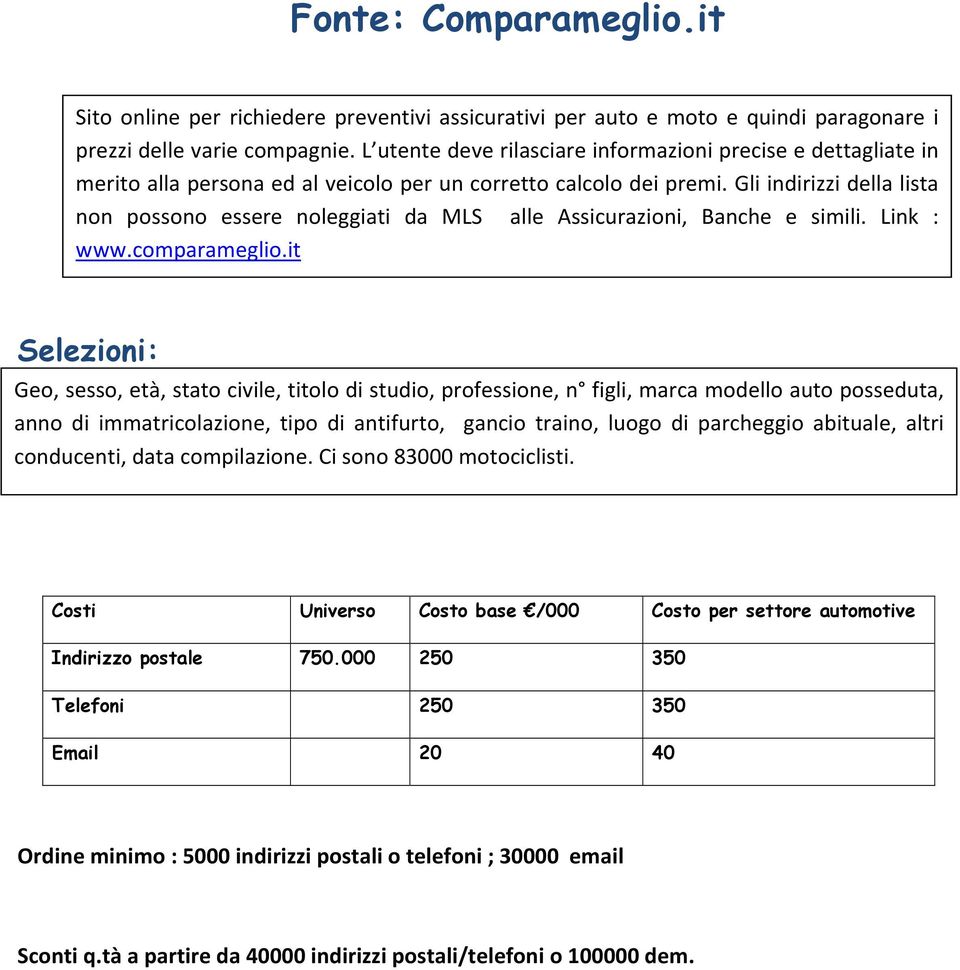 Gli indirizzi della lista non possono essere noleggiati da MLS alle Assicurazioni, Banche e simili. Link : www.comparameglio.