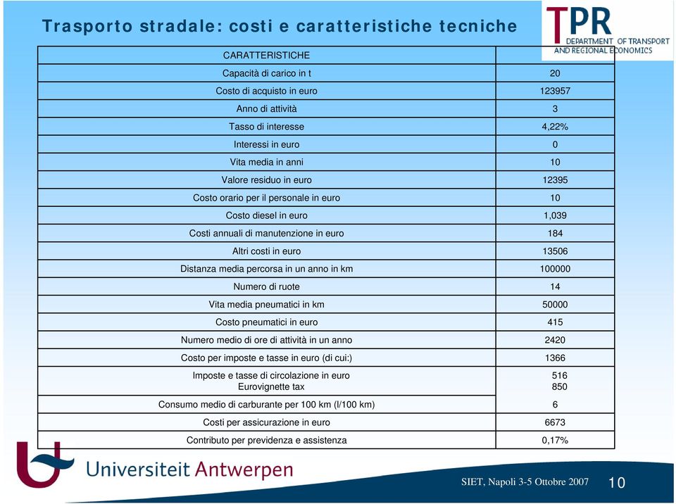 media pneumatici in km Costo pneumatici in euro Numero medio di ore di attività in un anno Costo per imposte e tasse in euro (di cui:) Imposte e tasse di circolazione in euro Eurovignette tax Consumo