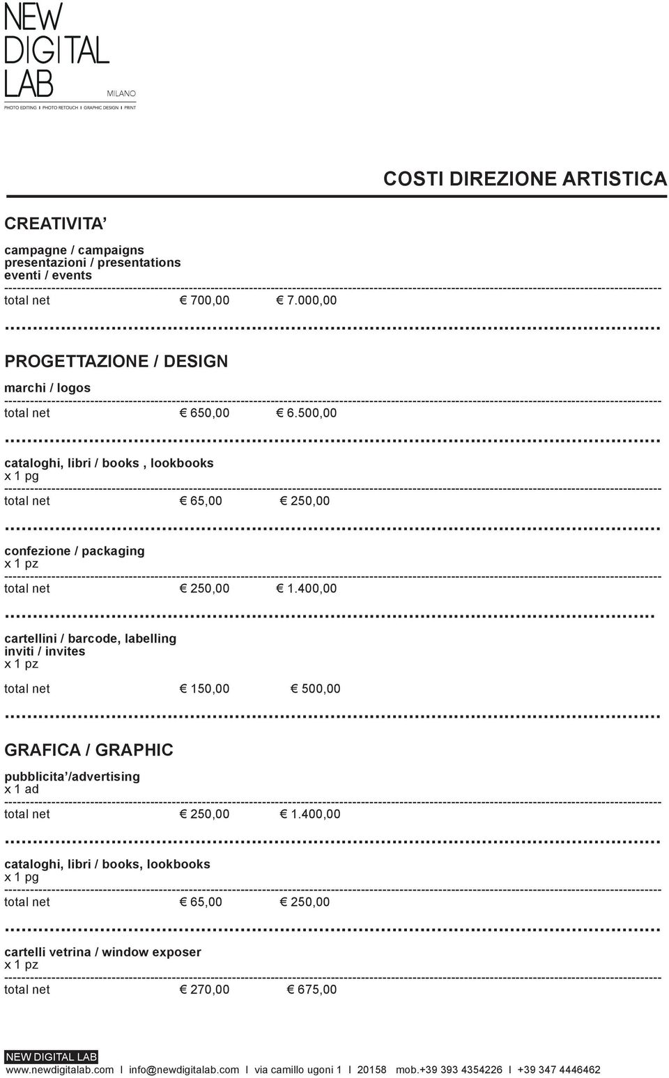 500,00 cataloghi, libri / books, lookbooks x 1 pg total net 65,00 250,00 confezione / packaging x 1 pz total net 250,00 1.400,00.