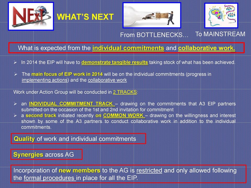 The main focus of EIP work in 2014 will be on the individual commitments (progress in implementing actions) and the collaborative work Work under Action Group will be conducted in 2 TRACKS: an