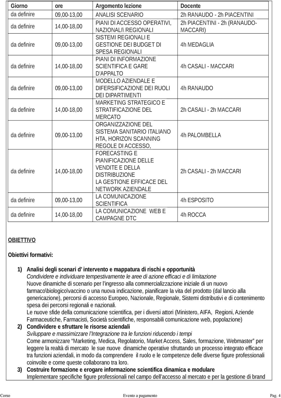 E DIFERSIFICAZIONE DEI RUOLI 4h RANAUDO DEI DIPARTIMENTI MARKETING STRATEGICO E STRATIFICAZIONE DEL 2h CASALI - 2h MACCARI MERCATO da definire 09,00-13,00 ORGANIZZAZIONE DEL SISTEMA SANITARIO