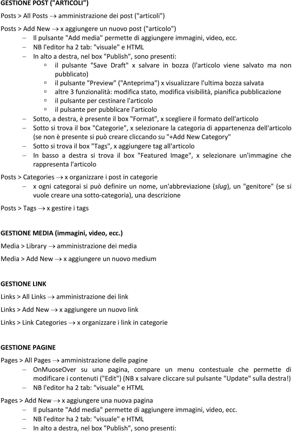 NB l'editor ha 2 tab: "visuale" e HTML In alto a destra, nel box "Publish", sono presenti: il pulsante "Save Draft" x salvare in bozza (l'articolo viene salvato ma non pubblicato) il pulsante