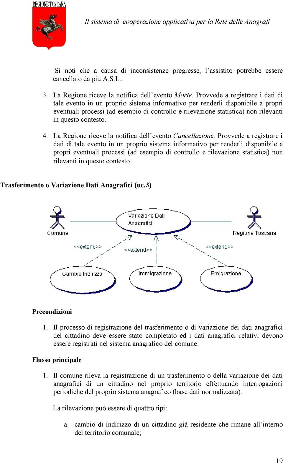 questo contesto. 4. La Regione riceve la notifica dell evento Cancellazione.  questo contesto. Trasferimento o Variazione Dati Anagrafici (uc.3) Precondizioni 1.