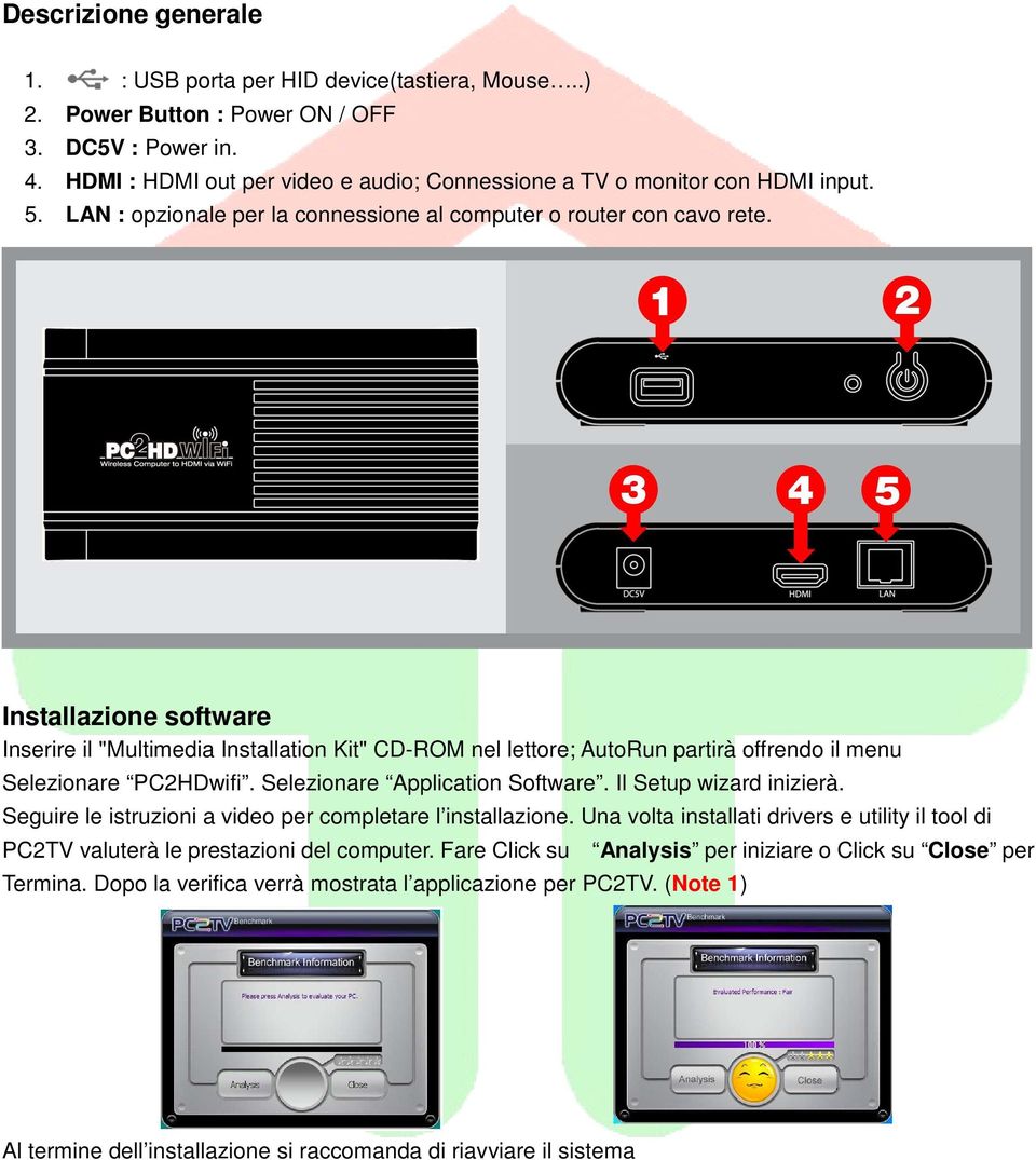 Installazione software Inserire il "Multimedia Installation Kit" CD-ROM nel lettore; AutoRun partirà offrendo il menu Selezionare PC2HDwifi. Selezionare Application Software. Il Setup wizard inizierà.