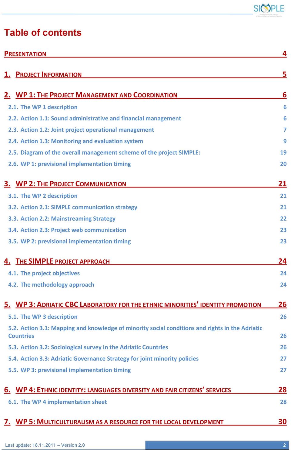 Diagram of the overall management scheme of the project SIMPLE: 19 2.6. WP 1: previsional implementation timing 20 3. WP 2: THE PROJECT COMMUNICATION 21 3.1. The WP 2 description 21 3.2. Action 2.